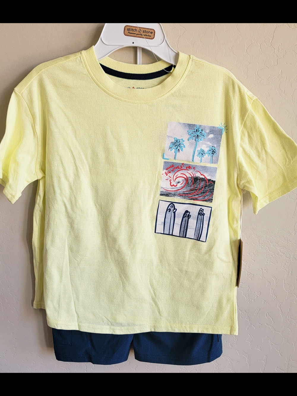 Kids' 2-Piece Light Yellow Graphic Tee with Surf Panels and Shorts Set